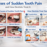 Find dentist examining patient with sudden tooth pain in a modern dental clinic.