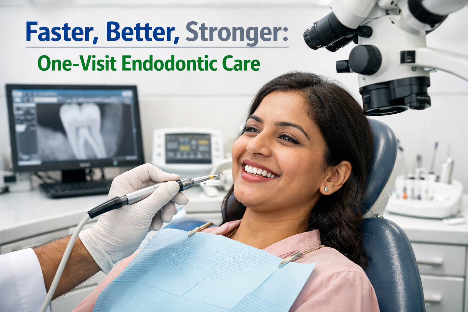 Find dentist performing one-visit root canal treatment using advanced dental equipment.