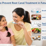 Find dentist demonstrating tooth care to prevent root canal treatment naturally and early.