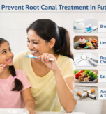 Find dentist demonstrating tooth care to prevent root canal treatment naturally and early.