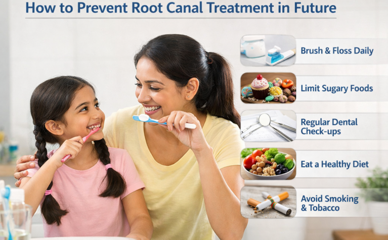 Find dentist demonstrating tooth care to prevent root canal treatment naturally and early.