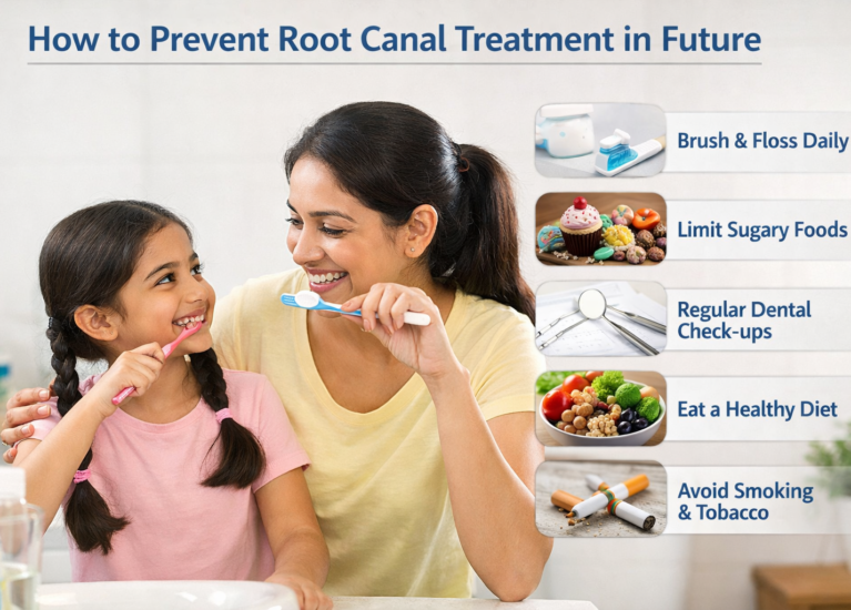 Find dentist demonstrating tooth care to prevent root canal treatment naturally and early.