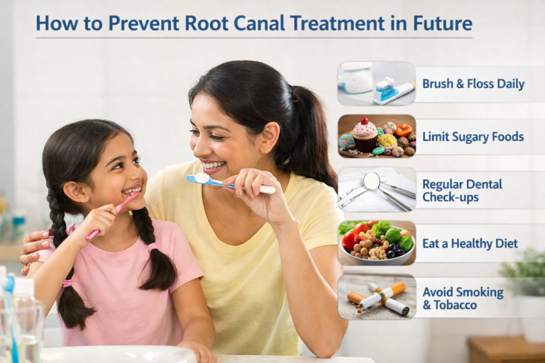 Find dentist demonstrating tooth care to prevent root canal treatment naturally and early.