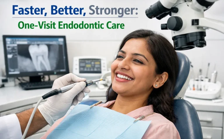 Find dentist performing one-visit root canal treatment using advanced dental equipment.