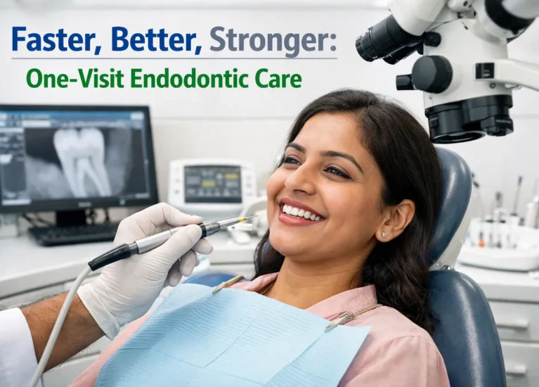 Find dentist performing one-visit root canal treatment using advanced dental equipment.