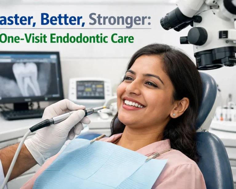 Find dentist performing one-visit root canal treatment using advanced dental equipment.