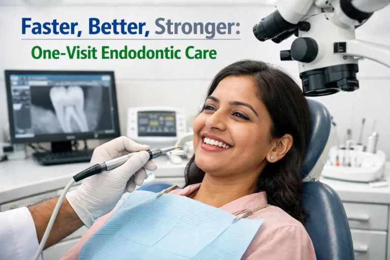 Find dentist performing one-visit root canal treatment using advanced dental equipment.