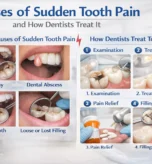 Find dentist examining patient with sudden tooth pain in a modern dental clinic.