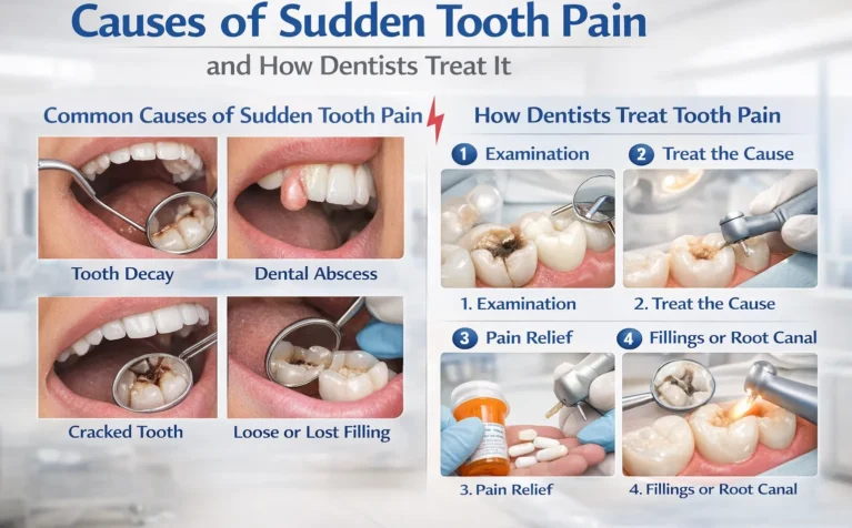 Find dentist examining patient with sudden tooth pain in a modern dental clinic.