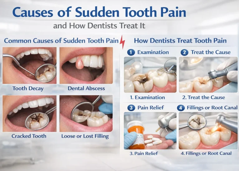 Find dentist examining patient with sudden tooth pain in a modern dental clinic.
