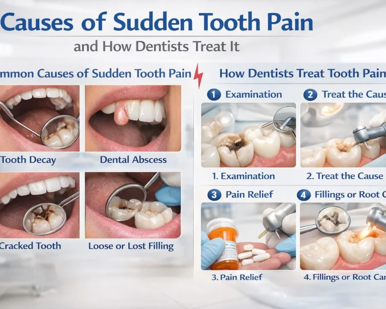 Find dentist examining patient with sudden tooth pain in a modern dental clinic.