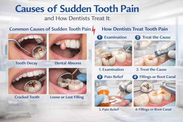 Find dentist examining patient with sudden tooth pain in a modern dental clinic.