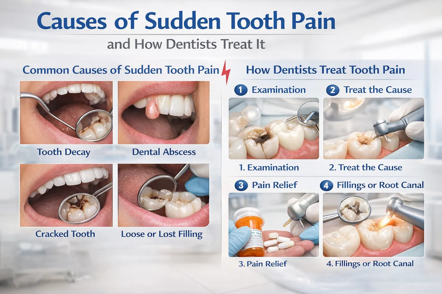 Find dentist examining patient with sudden tooth pain in a modern dental clinic.