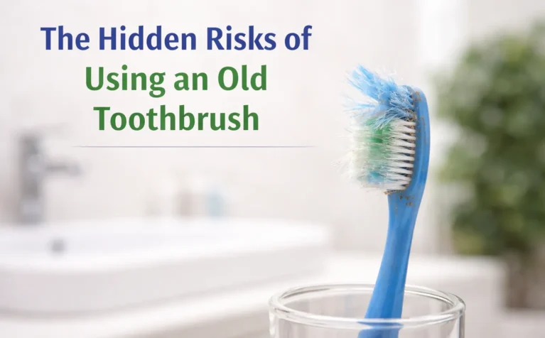 Find worn-out toothbrush with frayed bristles showing poor oral hygiene and replacement need.