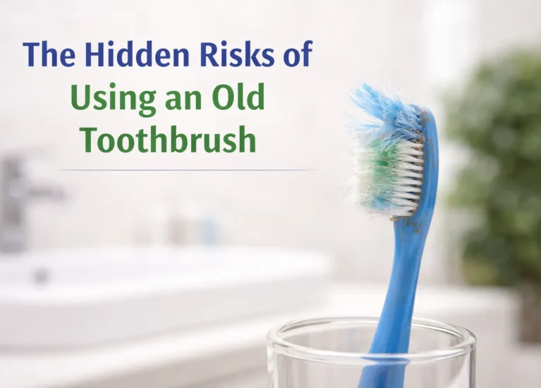 Find worn-out toothbrush with frayed bristles showing poor oral hygiene and replacement need.