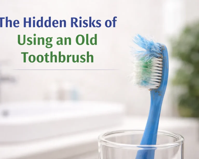 Find worn-out toothbrush with frayed bristles showing poor oral hygiene and replacement need.