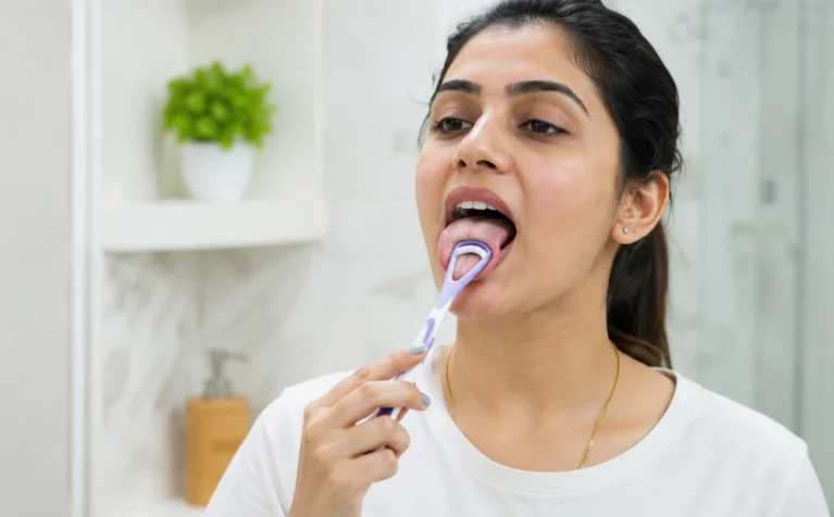 Dentist demonstrating tongue cleaning technique for better oral health and fresh breath