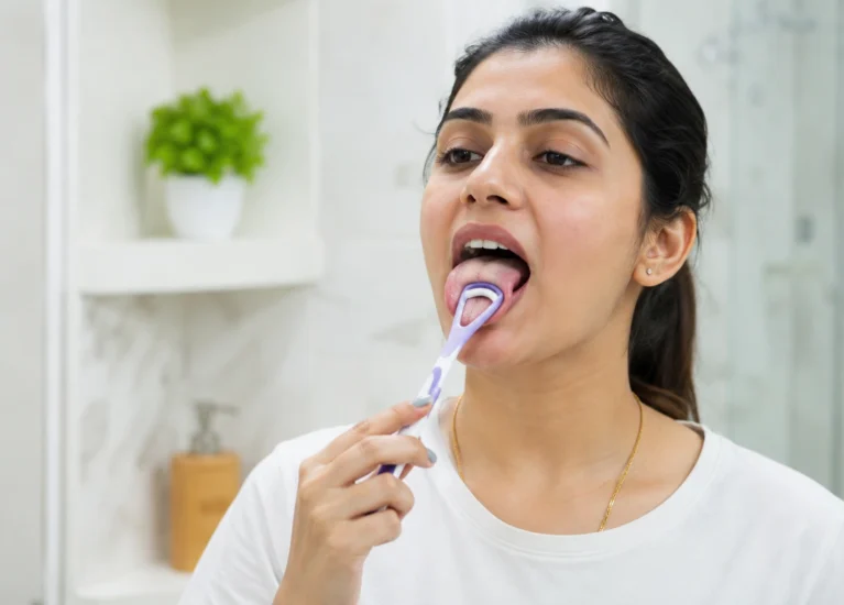Dentist demonstrating tongue cleaning technique for better oral health and fresh breath