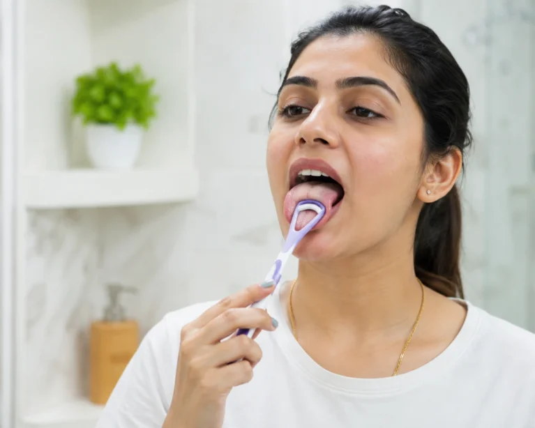 Dentist demonstrating tongue cleaning technique for better oral health and fresh breath