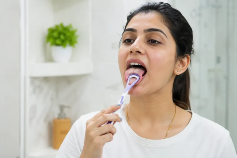 Dentist demonstrating tongue cleaning technique for better oral health and fresh breath