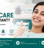 Find dentist examining healthy gums during preventive dental care consultation in clinic.