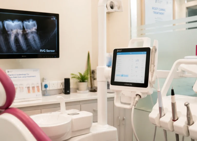 Dentist using modern digital equipment during a comfortable, pain-free root canal procedure