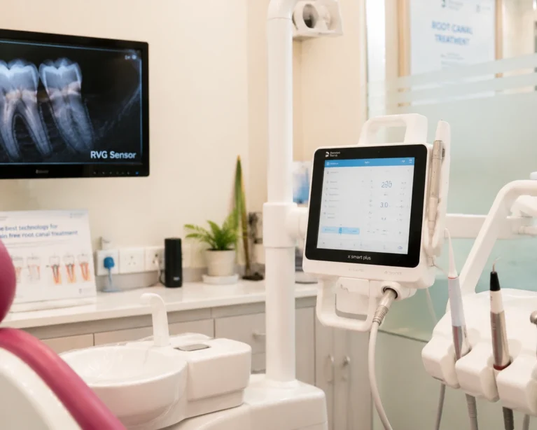 Dentist using modern digital equipment during a comfortable, pain-free root canal procedure