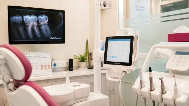 Dentist using modern digital equipment during a comfortable, pain-free root canal procedure
