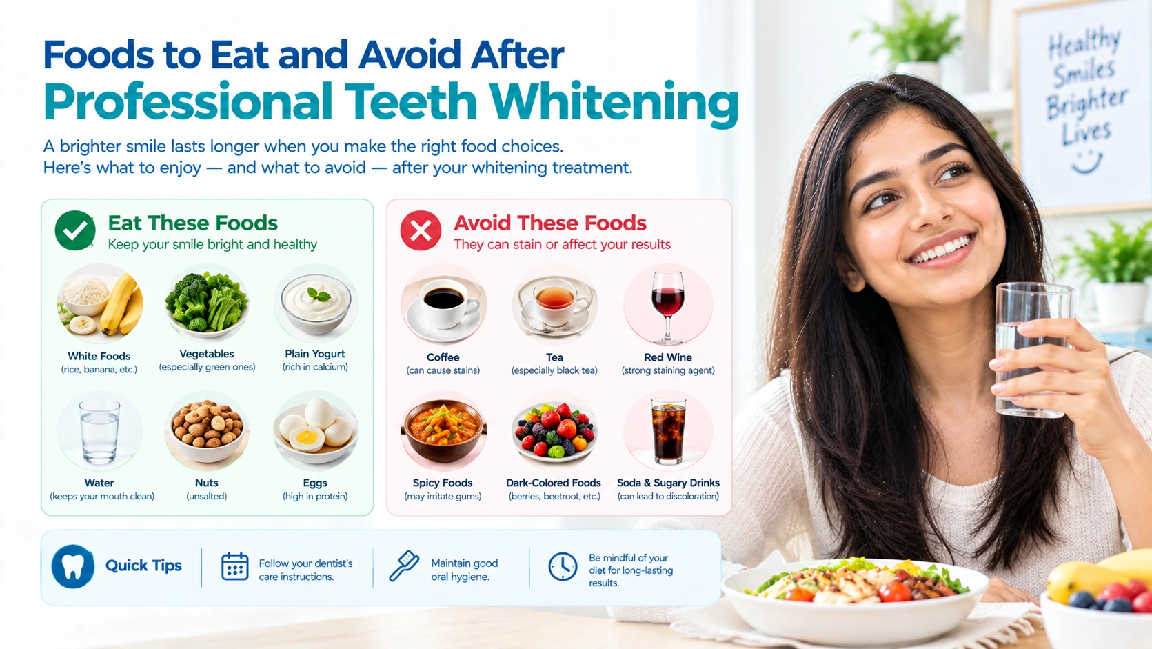 Fresh white-diet foods recommended after teeth whitening treatment at a dental clinic.