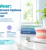 Dentist examining worn teeth with a mirror during a tooth wear check-up at the clinic